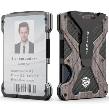 Imagem de Carteira minimalista masculina - Carteira fina de alumínio com clipe para dinheiro com porta-cartão de identidade, carteira de fibra de carbono, bloqueio RFID, comporta até 15 cartões com clipe para