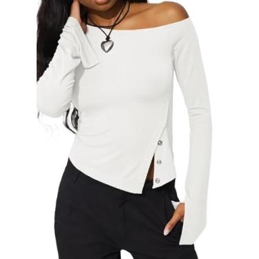 Imagem de Tankaneo Camisetas femininas com ombros de fora Y2k Going Out manga comprida cropped assimétrica slim fit, Branco, GG