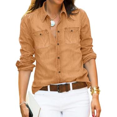 Imagem de luvamia Camisa jeans feminina de cambraia jeans ocidental, manga comprida, botões, Argila, G