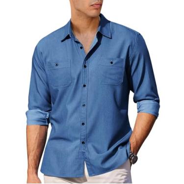 Imagem de Runcati Camisa masculina casual de botão, manga comprida, caimento justo, cambraia com bolsos, Azul marino, GG