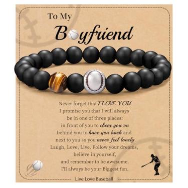 Imagem de Futebol Beisebol Basquete Presentes de Futebol Masculino Pulseiras com Contas Natural Olho de Tigre Pulseira Masculina Aniversário Presentes de Formatura para Filho Neto Bônus Filho Namorado Irmão,