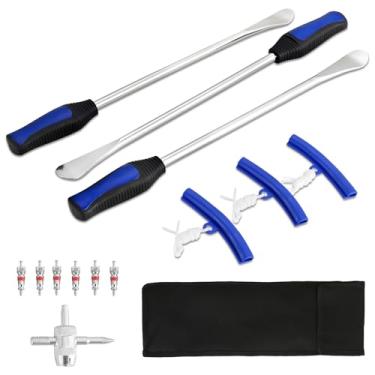Imagem de DASBET Kit de ferramentas de colher de pneu de 14,5 polegadas, ferramentas de remoção de pneus para motocicleta, bicicleta suja, quadriciclos, incluindo 3 colheres de pneu, 3 protetores de aro, 6 núcleos de válvula, 1 válvula, 1 bolsa portátil