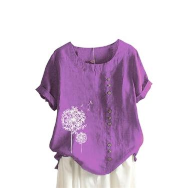 Imagem de Camiseta feminina de linho de verão, estampada, manga curta, gola redonda, botão, túnica folgada, casual, tops, 2 - roxo, M