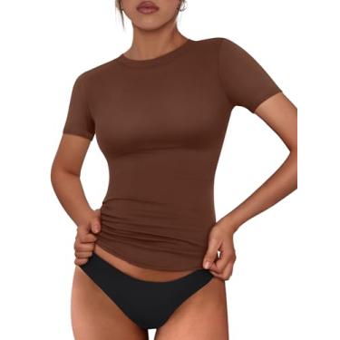 Imagem de Trendy Queen Short feminino de verão com manga e gola canoa cropped slim fit stretch camisetas básicas de compressão, Marrom, GG