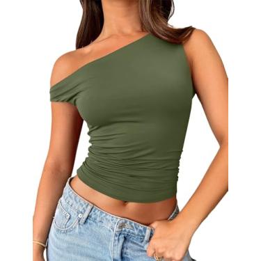 Imagem de Trendy Queen Camisetas femininas com ombros de fora, sem mangas, regatas cropped justas Y2K, roupas de verão 2024, Verde militar, P