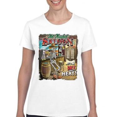 Imagem de Camiseta feminina Hot Headed Saloon But its a Dry Heat Funny Skeleton Biker Beer Drinking Cowboy Skull Southwest, Branco, M
