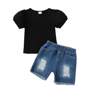 Imagem de SUNNY PIGGY Conjunto de roupas de verão para meninas, camiseta de manga curta, jeans e shorts, Preto, 3-4y