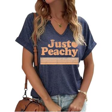 Imagem de TIXOM Camiseta feminina de verão com gola V, estampa de letras engraçadas, manga curta, casual, folgada, tops de férias, B - azul-marinho, GG
