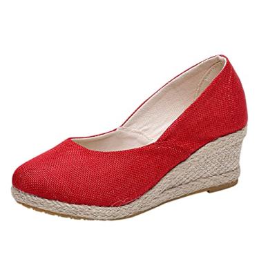 Imagem de Aniywn Sandálias femininas de bico fechado, alpargatas, anabela, bico redondo, plataforma, sapatos confortáveis, Z03#vermelho, 37