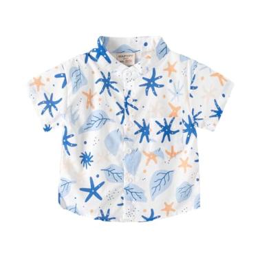Imagem de Yueary Camisa social havaiana casual para bebês meninos com estampa de folhas com botões e manga curta para férias, Azul, 90/18-24 M