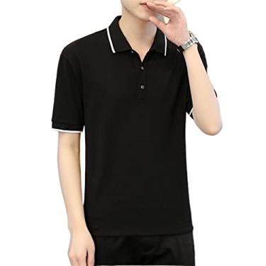 Imagem de Polos masculinos algodão listrado colarinho cor sólida tênis camiseta estiramento leve regular ajuste manga curta verão casual (Color : Black, Size : M)