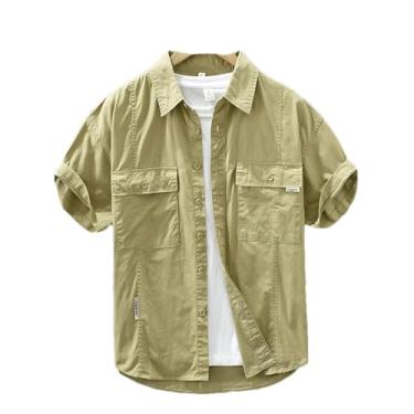 Imagem de Camisa casual de algodão masculina manga curta tops verão sólido roupa urbana, 2719 cáqui, M