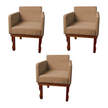 Imagem de Kit 3 Poltronas Nina Retrô Pés de Madeira Maciça Linho Marrom