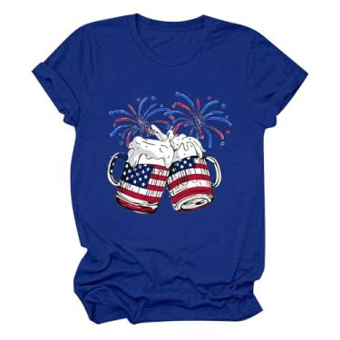 Imagem de Camisetas femininas patrióticas, blusas com bandeira americana, estampa engraçada de taça de vinho, 4 de julho, blusas casuais de verão, caimento solto, túnicas, Azul, XXG