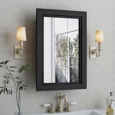 Imagem de FLYJOE Espelho para armário de remédios, 40,6 x 61 cm, porta de banheiro de fazenda, armário de armazenamento de madeira maciça com prateleiras ajustáveis, montado na parede para banheiro, sala de