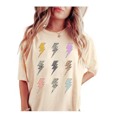 Imagem de SOLY HUX Camisetas femininas com estampa grande, meia manga, ombro caído, camisetas de verão, Relâmpago cáqui, P