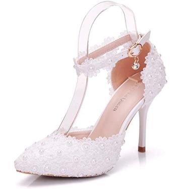 Imagem de Sandálias femininas de salto alto com renda branca, pérolas de casamento, sapatos de noiva, 9,5 cm, branco, 7.5