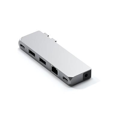 Imagem de Satechi Hub Pro Mini Adaptador Tipo-C - USB4, Dados USB-A 3.0, Gigabit Ethernet, Dados USB-C e Jack de Áudio - Para M2/ M1 MacBook Pro/Air (Prata)