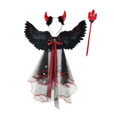 Imagem de Conjunto de fantasia de Halloween, fantasia de anjo diabólico, cosplay, adereço para festa de Halloween, fantasia infantil de asa de pena, vestido extravagante para festa de Halloween, carnava type2
