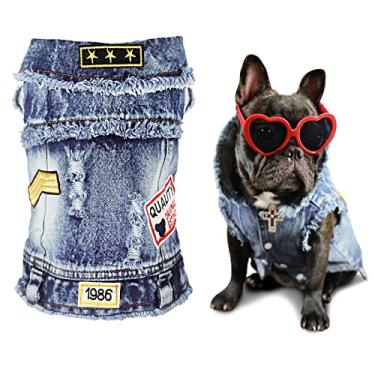 Imagem de (S(neck:9 chest:11-13 back:7), D) - SILD Pet Clothes Dog Jeans Jacket Cool Blue Denim Coat Small Medium Dogs Lapel Vests Classic Hoodies Puppy Blue Vintage Washed Clothes