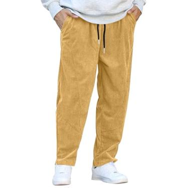 Imagem de COOFANDY Calça masculina de veludo cotelê cintura elástica com cordão harém calça moderna solta casual longa com 4 bolsos, Amarelo Gengibre, P