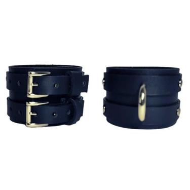 Imagem de Pulseira Couro Legítimo Estilo Algemas  Ajustável Fantasia Grossa Sub 