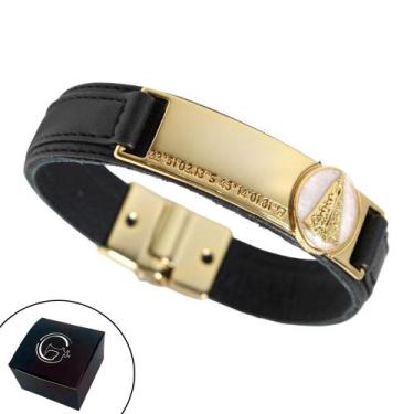 Imagem de Pulseira de Couro Preto Feminina Masculina Magnética N Sra Aparecida c