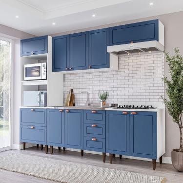 Imagem de Cozinha Pérola Completa 5 Peças Torre Quente Aéreo 3 Portas Balcão 120 Balcão 80 e Basculante Yescas Branco/Azul