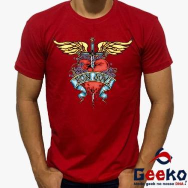 Imagem de Camiseta Bon Jovi 100% Algodão Rock Geeko, Vermelho gola careca, GG