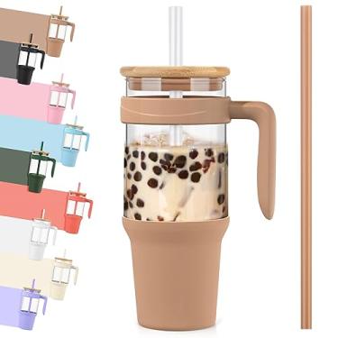 Imagem de Copo de vidro Tronco 1,2 l com alça, tampa de bambu e canudo, cabe no porta-copos, garrafa de vidro reutilizável para café gelado e smoothie