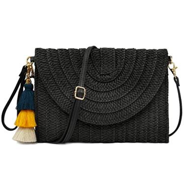 Imagem de Aovtero Bolsa de mão de palha, bolsa transversal feminina, verão, praia, ombro, envelope, carteira, bolsas, Preto
