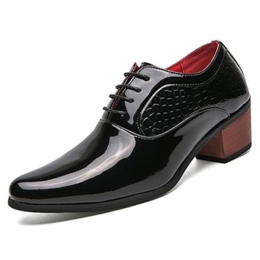 Imagem de Sapato masculino Derby Oxfords de couro, clássico, com cadarço, cano baixo, bico fino, bloco em relevo, salto alto, negócios, vestido de casamento, Couro envernizado preto, 42