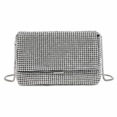 Imagem de Abvokury Bolsa de ombro feminina de strass para noite WOC Crystal Clutch com alça destacável brilhante para festa de casamento, Prata