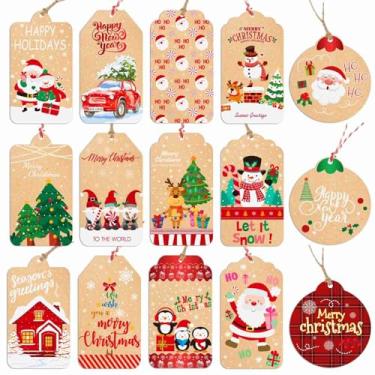 Imagem de Etiquetas de Natal para presentes, 15 designs de etiquetas de presente de Natal de papel kraft com cordão para pendurar etiquetas de nome para embrulho de presente de Natal, artes e artesanato DIY,