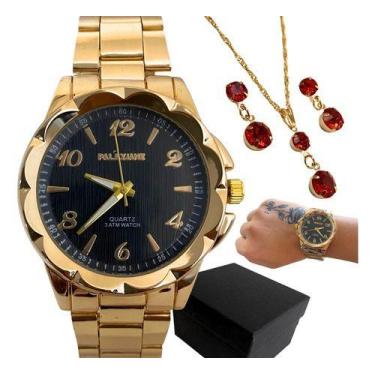 Imagem de Relógio Feminino Dourado Luxo + Conjuto Folheados + Brincos - EEA SEMI