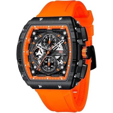 Imagem de MF MINI FOCUS Relógio masculino moderno Tonneau relógio de pulso (cronógrafo/à prova d'água/luminoso/calendário) relógio de quartzo com pulseira de silicone para homens, laranja_preto, Clássico