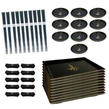 Imagem de Kit Oriental Comida Japonesa 10 Pessoas Molheira Descanso Hashi Prato 