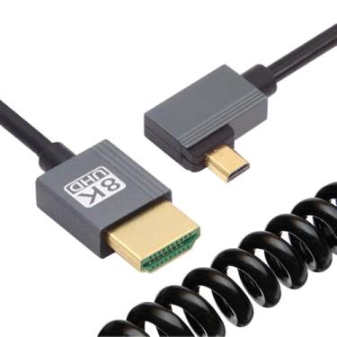 Imagem de NFHK Cabo micro HDMI 2.1 macho para HDMI macho 8K 60hz cabo enrolado esticável ângulo reto 90 graus para câmera HDTV laptop monitor