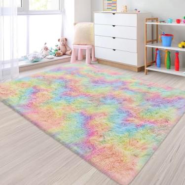 Imagem de Tapete colorido arco-íris fofo pequeno para quarto de meninas 3x5 kawaii tie dye tapete felpudo unicórnio para sala de estar crianças berçário bebê princesa quarto sala de estar decoração de casa