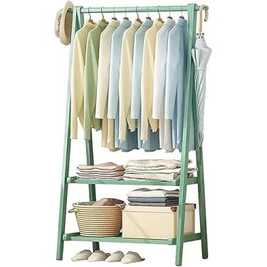 Imagem de Arara de roupas de bambu, trilho para roupas com prateleiras, suporte de casaco, trilho para pendurar roupas, leve, dobrável, organizador de roupas para entrada e quarto, verde ervilha, 86 x 40 x 160