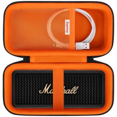 Imagem de Supmay Estojo rígido para alto-falante Marshall Emberton II/III Bluetooth portátil, capa de proteção de alto-falante sem fio com bolso de malha para cabo de carregamento USB-C, preto + laranja