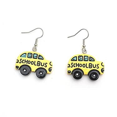 Imagem de Lindos brincos com pingente de ônibus escolar de resina, desenhos animados, crianças, brincos engraçados, meninas, estudantes, professores, joias, Metal Resina, Sem pedra preciosa