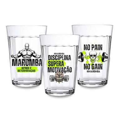 Imagem de Kit 3 Copos Americanos Vidro Estampa Maromba Presente Incentivo Fitness 190ml Academia Gym No Pain No Gain Transparente