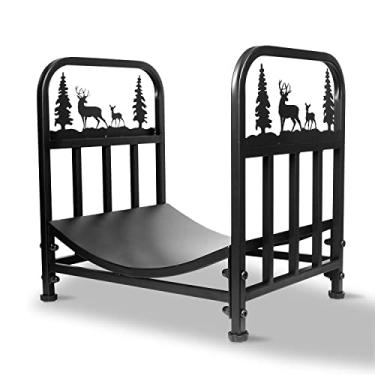 Imagem de Rack de lenha para uso externo, armazenamento de madeira interno resistente, suporte de madeira revestido com pó preto, suporte de madeira para lareira, pátio, organizador empilhador de armazenamento de pilha de madeira com elementos natalinos