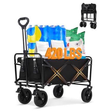 Imagem de Hipicute Carrinho de carroça dobrável resistente de 150 kg | Carrinho utilitário dobrável para todos os terrenos com porta-bebidas e estrutura de aço | para praia, acampamento, jardinagem e mercearia