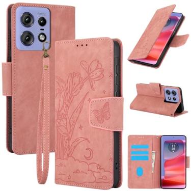 Imagem de Capa carteira de couro com padrão floral para Motorola Edge 50 Pro, com 3 compartimentos para cartão e alça de pulso para mulheres, design de suporte de TPU à prova de choque com fecho magnético