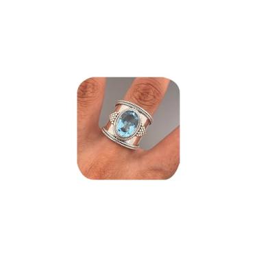 Imagem de Anel retrô largo estilo vintage imitação oval safira água-marinha boho coquetel festa motociclista anel exagerado joia moderna presente para mulheres e homens (tamanho 19)