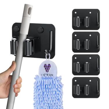 Imagem de JAMEND CLXP Pacote com 4 suportes de vassoura com ganchos resistentes, gancho de esfregão de aço inoxidável atualizado. Suporte de parede utilitário para cozinha, jardim, lavanderia, garagem, preto