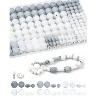 Imagem de 172 peças de contas de silicone FIVEIZERO para fabricação de chaveiros, kit de 6 contas focais de silicone de cores mistas, contas hexagonais redondas de lentilha de 9 mm e 15 mm e contas espaçadoras