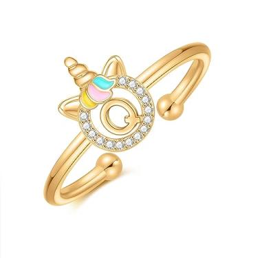 Imagem de CIVOKINA Anéis delicados de unicórnio com inicial para meninas, banhado a ouro 14 quilates/ouro rosa/prata para meninas, lindo anel infantil hipoalergênico, ajustável, com letras para presentes para